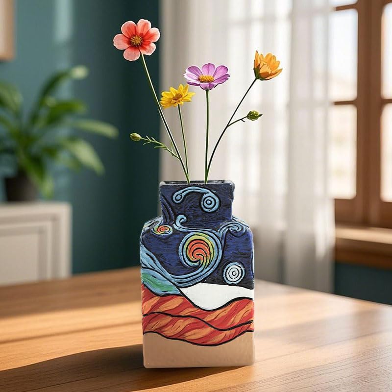 Starry Night Vase Plant Pot,Van Gogh Inspired Resin Flower Pot - Abstract Rainbow Planter with Artistic Brushstroke Design Stylish Art Flower Pot Unique Home Decor for Plants (3pcs)