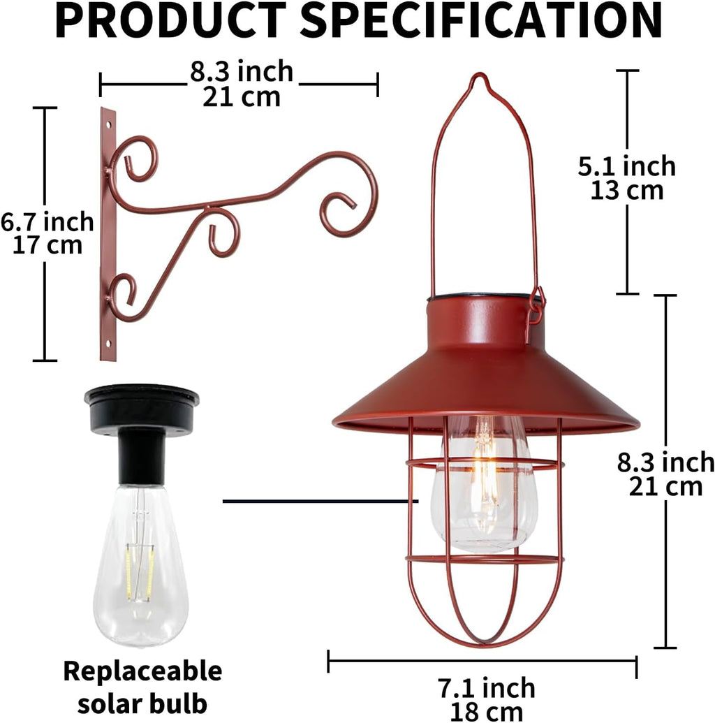 2-Pack Red Waterproof Metal Solar Hanging Lanterns with Hooks, Warm White LED for Yard Garden Patio Outdoor Decor