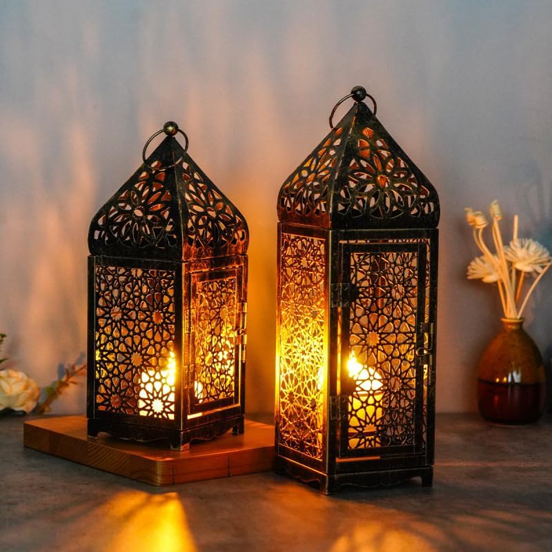 2 Pack Moroccan Lantern Lamp Decorative Candle Holders for Ramadan Decorations, Hanging, Outdoor Patio or Porch, Indoor Home Decor（Bronze）