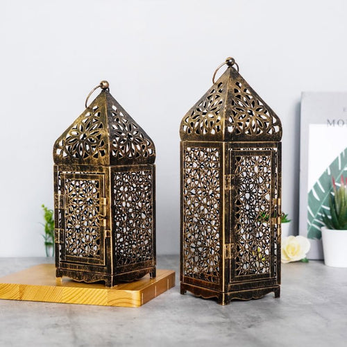 2 Pack Moroccan Lantern Lamp Decorative Candle Holders for Ramadan Decorations, Hanging, Outdoor Patio or Porch, Indoor Home Decor（Bronze）