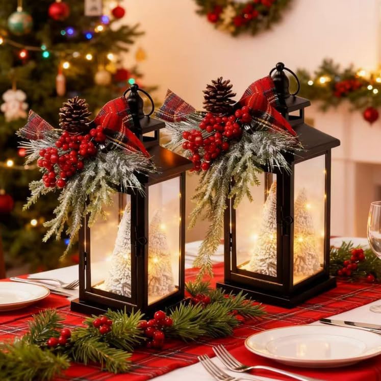 2Packs 14" Lighted Christmas Lanterns, Hanging Christmas Lantern Decorative with Snow-Covered Tree, Bow & Pine Cone Decorations for Porch, Mantel, Seasonal Display, Retro-Style Holiday Decor Outdoor