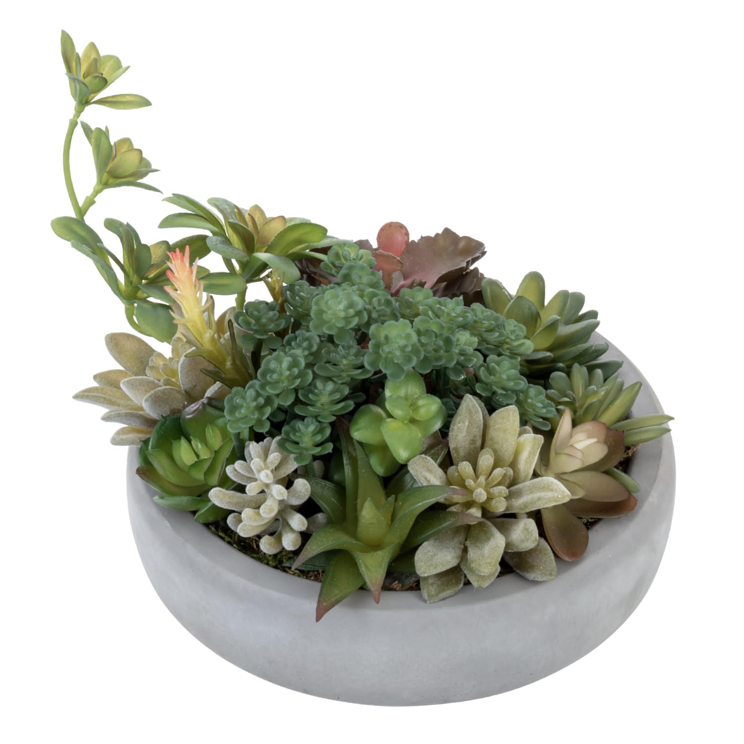 MyGift 8 Inch Round Modern Artificial Succulent Arrangement Potted in Gray Concrete Plant Bowl, Assorted Faux Mini Succulents in a Decorative Planter Pot