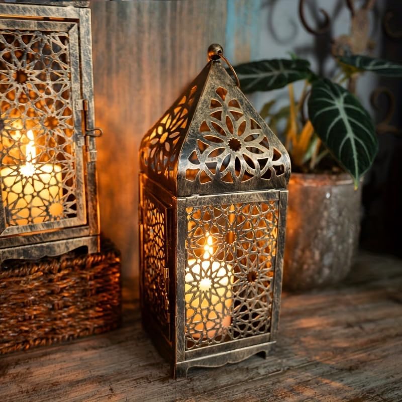 2 Pack Moroccan Lantern Lamp Decorative Candle Holders for Ramadan Decorations, Hanging, Outdoor Patio or Porch, Indoor Home Decor（Bronze）