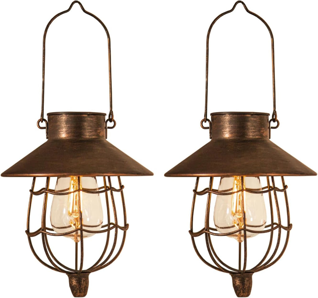 YAKii 2 Pack Solar Lantern Hanging Waterproof Outdoor Metal Solar Lamp with Warm White Light Decorate for Yard Garden Pathway Patio Porch Decor (Antique Copper)