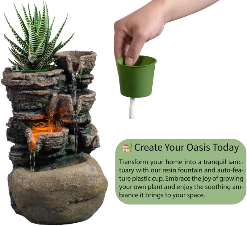 Haobos Indoor Fountain 4-Bowl Rockery Soothing Sound Tabletop Fountains Home/Office Decor with a Small Plastic Pot to Grow The Plant by Yourself(Automatic Watering)