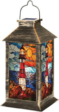 Solar Lantern Coastal Lighthouse Stained Glass Hanging Ornament Outdoor Garden Hanging Lantern Waterproof Solar Powered Lighting Outside Table Lamp for Patio Deck Yard Camping Nautical Decor