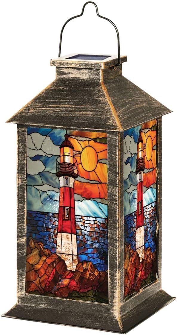 Solar Lantern Coastal Lighthouse Stained Glass Hanging Ornament Outdoor Garden Hanging Lantern Waterproof Solar Powered Lighting Outside Table Lamp for Patio Deck Yard Camping Nautical Decor