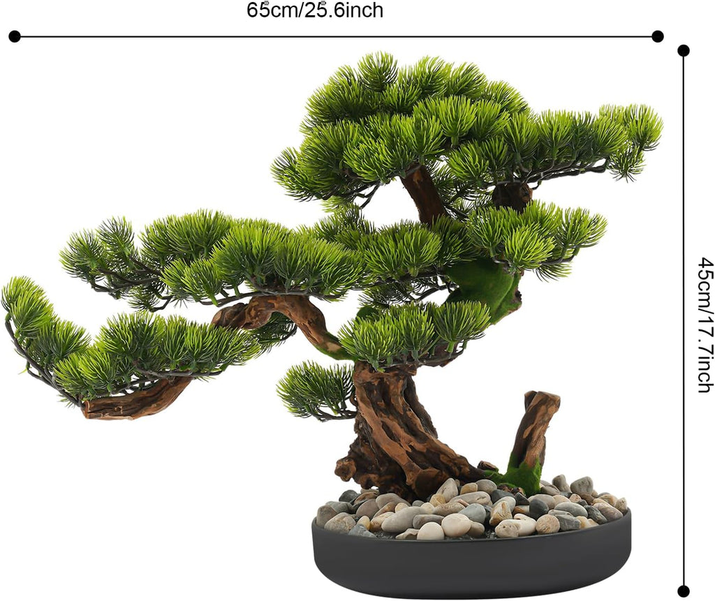 Realistic Artificial Bonsai Pine Tree, 25.6 * 17.7in Indoor Desktop Welcome Pine Bonsai, Potted Artificial House Plant with Iron Pot and Pebbles, for Home Bookshelf Office Desk Farmhouse Decor