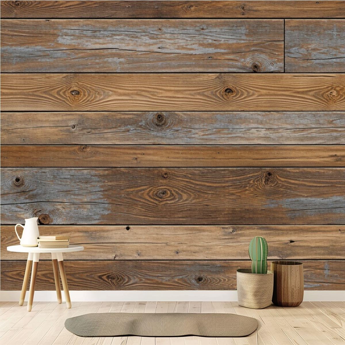 Peel and Stick Wallpaper 100'' x 144'' Self-Adhesive Wall Mural Distressed Wooden Planks Teal Brown White Colors Large Wall Sticker, Removable Decor for Bedroom Living Room, Office