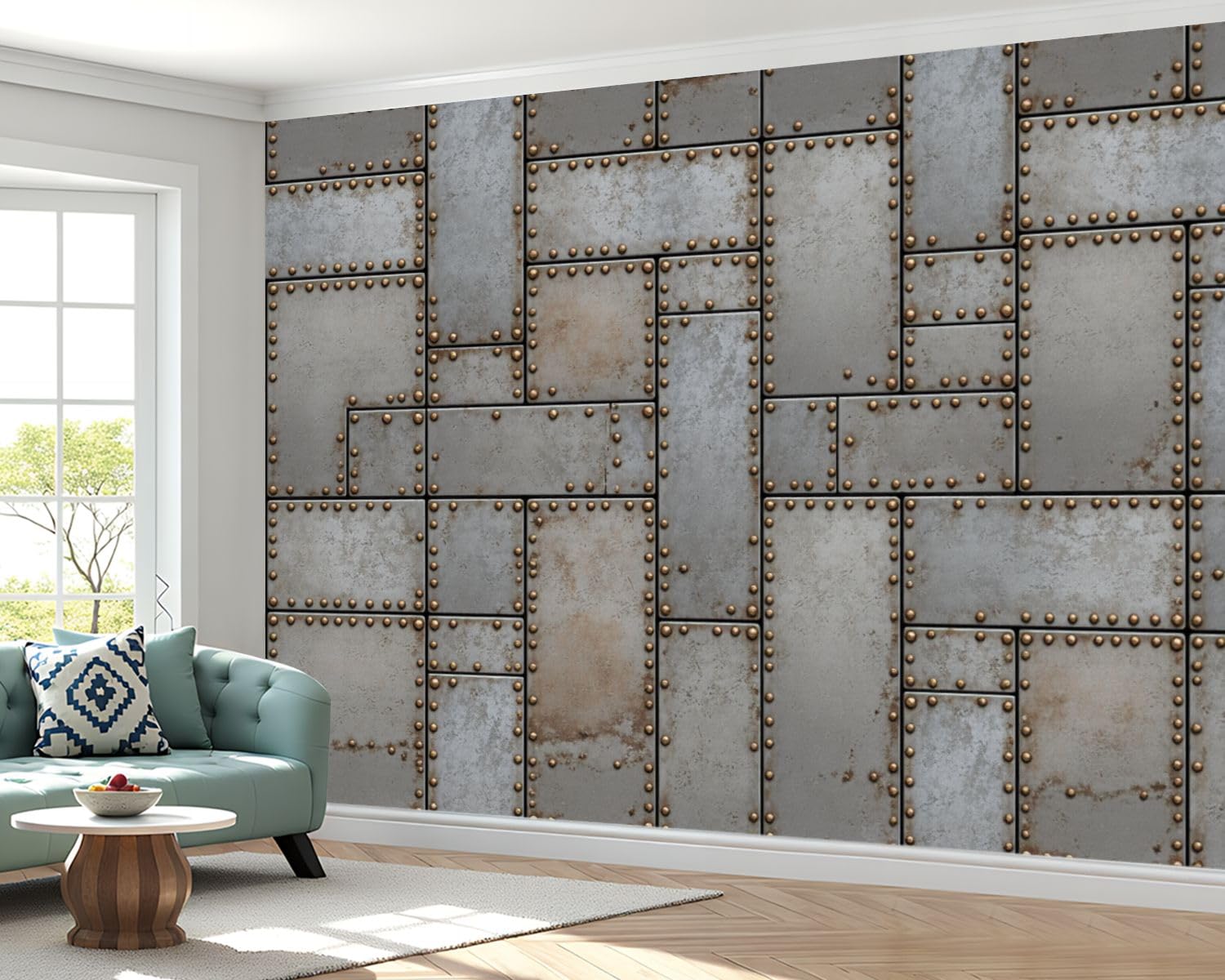 Peel and Stick Wallpaper 100'' x 144'' Self-Adhesive Wall Mural Distressed Wooden Planks Teal Brown White Colors Large Wall Sticker, Removable Decor for Bedroom Living Room, Office