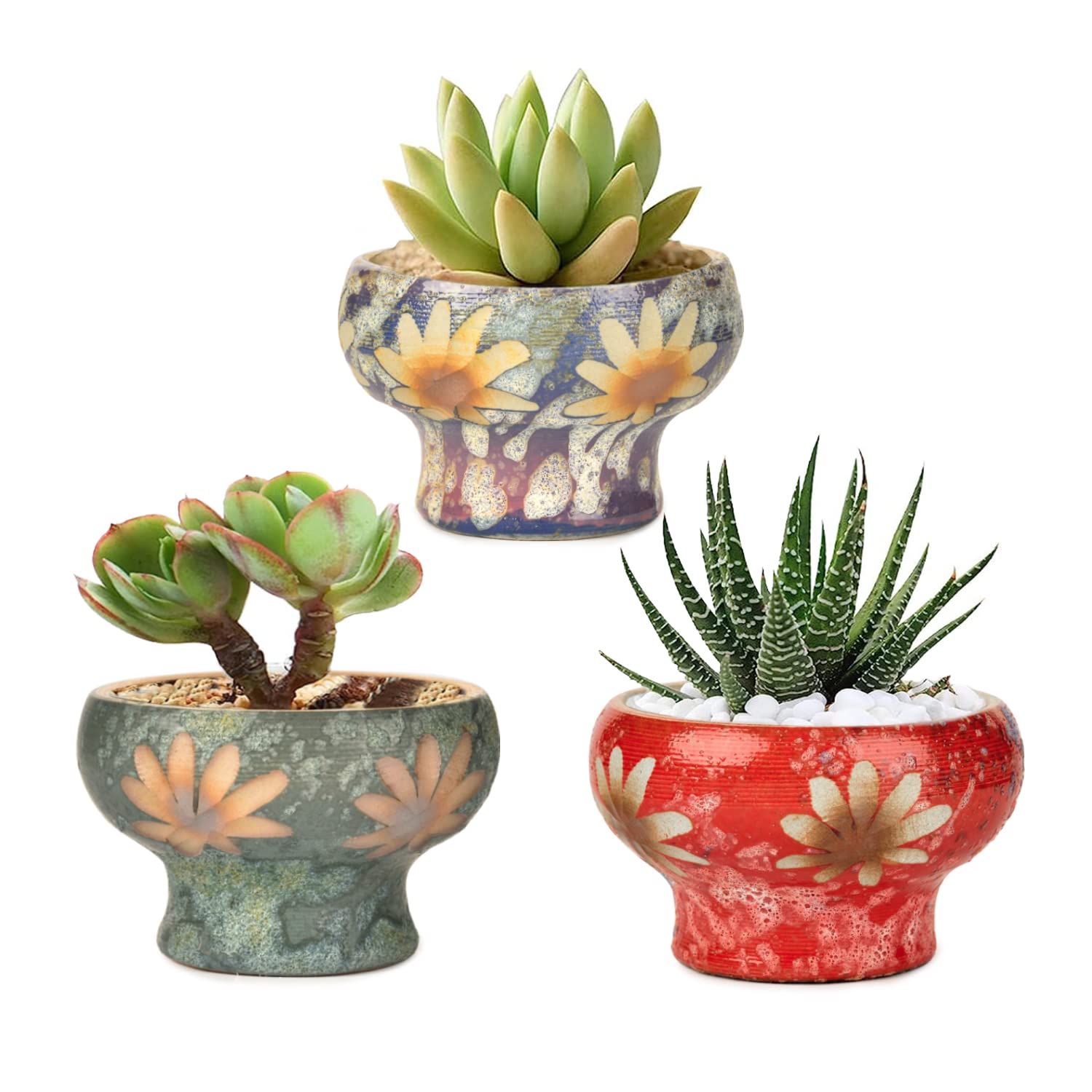 Sungmor Small Succulent Planters Set of 2, Beautiful Hand Crafted Ceramic Plant Pots Cute Cactus Pot, 6.5 Inch Flower Pots for Indoor Plants with Drainage, Desktop Windowsill Home Office Decor Pots