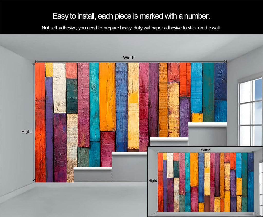 Colorful Distressed 3D Wood Grain Striped Wall Mural for Living Room & Bedroom, 197" x 118.2", Non-Adhesive