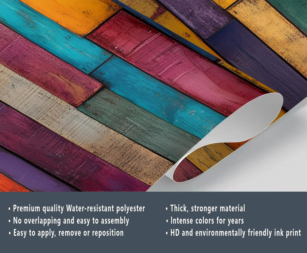 Colorful Distressed 3D Wood Grain Striped Wall Mural for Living Room & Bedroom, 197" x 118.2", Non-Adhesive