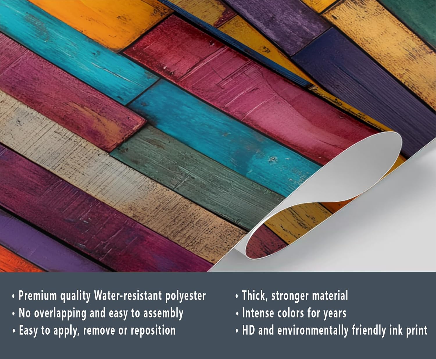 Colorful Distressed 3D Wood Grain Striped Wall Mural for Living Room & Bedroom, 197" x 118.2", Non-Adhesive