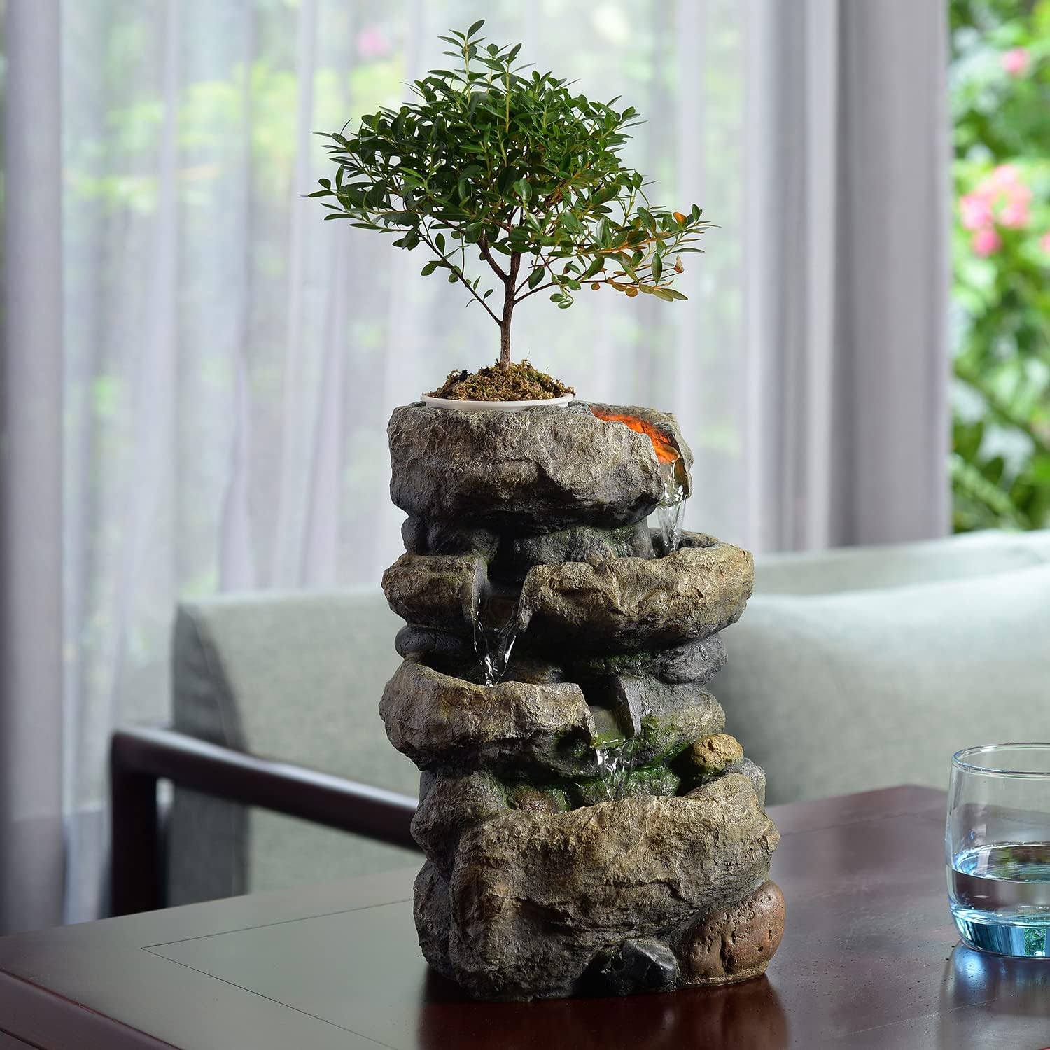 Kalona Tabletop Waterfall Fountain Rockery Fountains Soothing Sound Tabletop Fountains Home/Office Decor with a Small Plastic Pot to Grow The Plant by Yourself(Automatic Watering)(22020)