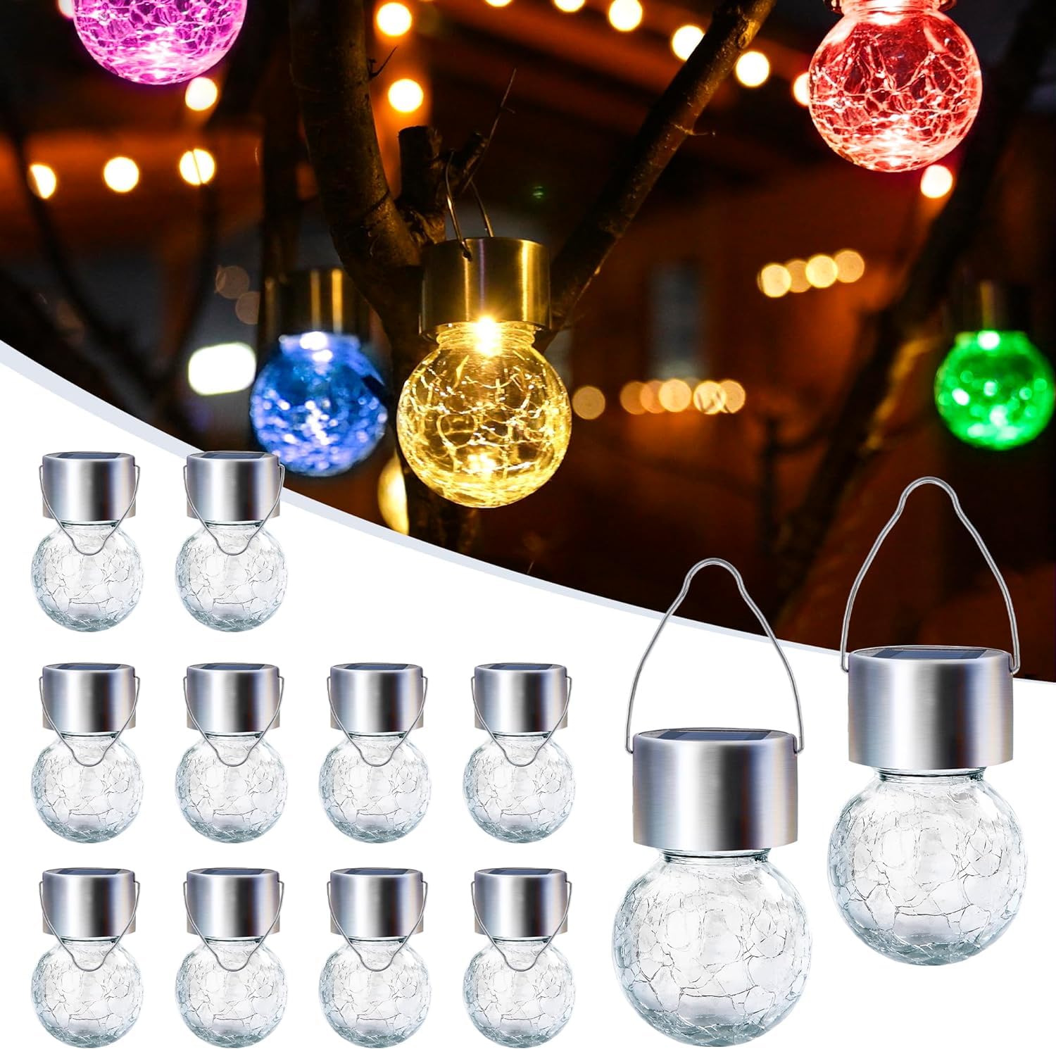 GIGALUMI Solar Lights Outdoor Waterproof, 16 Pack Solar Hanging Lights Garden Decor, Gifts for Women, Solar Outdoor Lantern Waterproof Cracked Glass for Yard, Fence, Tree(Color Changing)