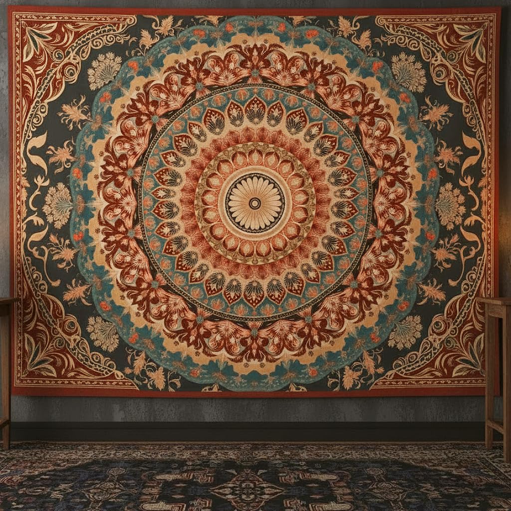 Accnicc Extra Large Orange Brown Boho Mandala Floral Tapestry, 90×68 Inch, Bohemian Wall Decor for Bedroom Living Room Dorm