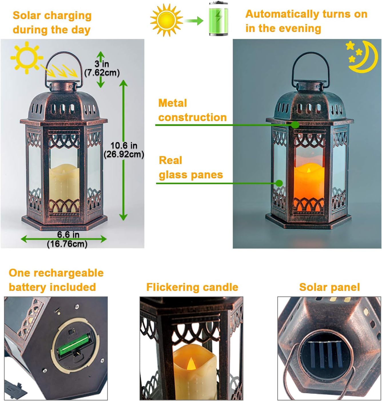 Solar Lanterns 2 Pack Bronze - Retro Ornate Hanging Lantern with Handle, Outdoor Lantern with Flickering Candle LED, 6.60 x 6.60 x 10.60 in