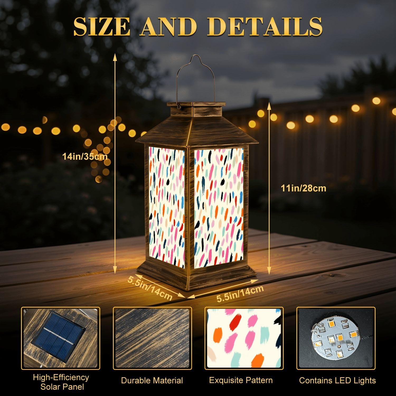 Solar Lantern Outdoor Waterproof Polka Dot Ikat Geometric Folklore Ornament Vintage Retro Style Garden Decor LED Hanging Solar Lights Tabletop Lamp Gifts for Women Mom Outside Yard Patio Porch