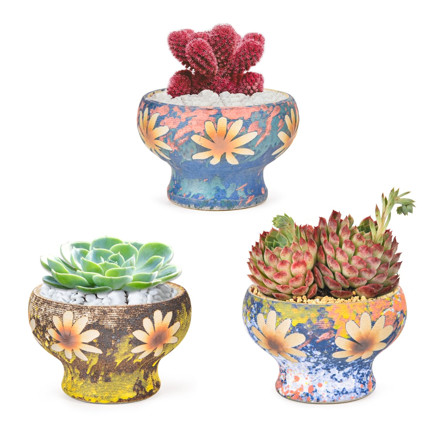 Sungmor Small Succulent Planters Set of 3, Beautiful Hand Crafted Ceramic Plant Pots Cute Cactus Pot, 4.9 Inch Flower Pots for Indoor Plants with Drainage, Desktop Windowsill Home Office Decor Pots