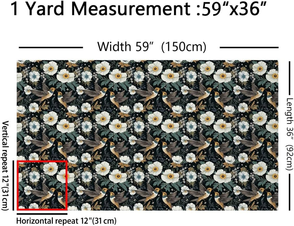 Hummingbird Fabric by The Yard,Botaniclal Flowers Rustic Style DIY Art Project,Jungle Wild Plants Outdoor Decor,Farm Garden Decor Soft Flannel Polyester No Stretch Fabric,3 Yards,108" L x 59" W