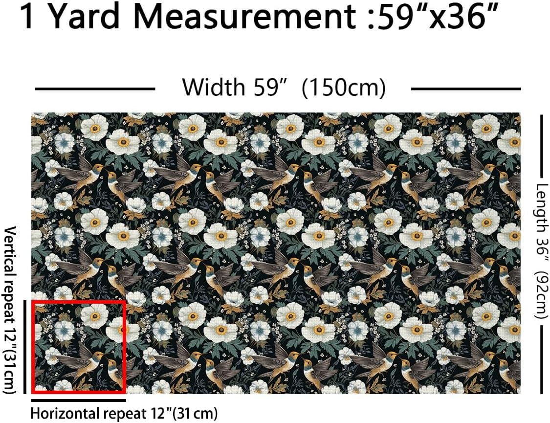 Hummingbird Fabric by The Yard,Botaniclal Flowers Rustic Style DIY Art Project,Jungle Wild Plants Outdoor Decor,Farm Garden Decor Soft Flannel Polyester No Stretch Fabric,3 Yards,108" L x 59" W