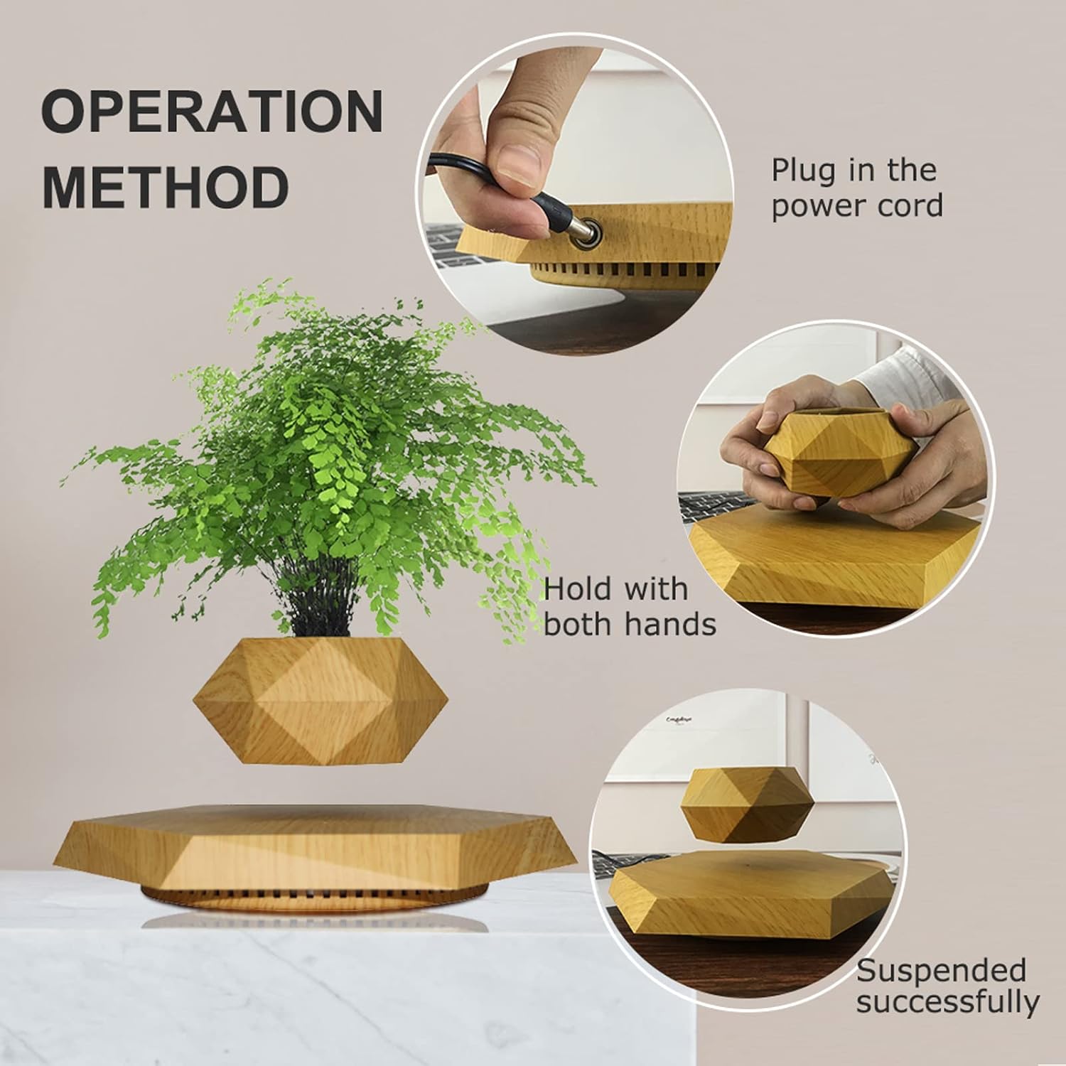 Levitating Plant Pot, Magnetic Levitation Flower Pot Rotating Planters Suspension Floating Plant Succulents Potted for Home Living Room Office Desk Decoration (Wood)