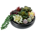 MyGift 8 Inch Round Modern Artificial Succulent Arrangement Potted in Gray Concrete Plant Bowl, Assorted Faux Mini Succulents in a Decorative Planter Pot