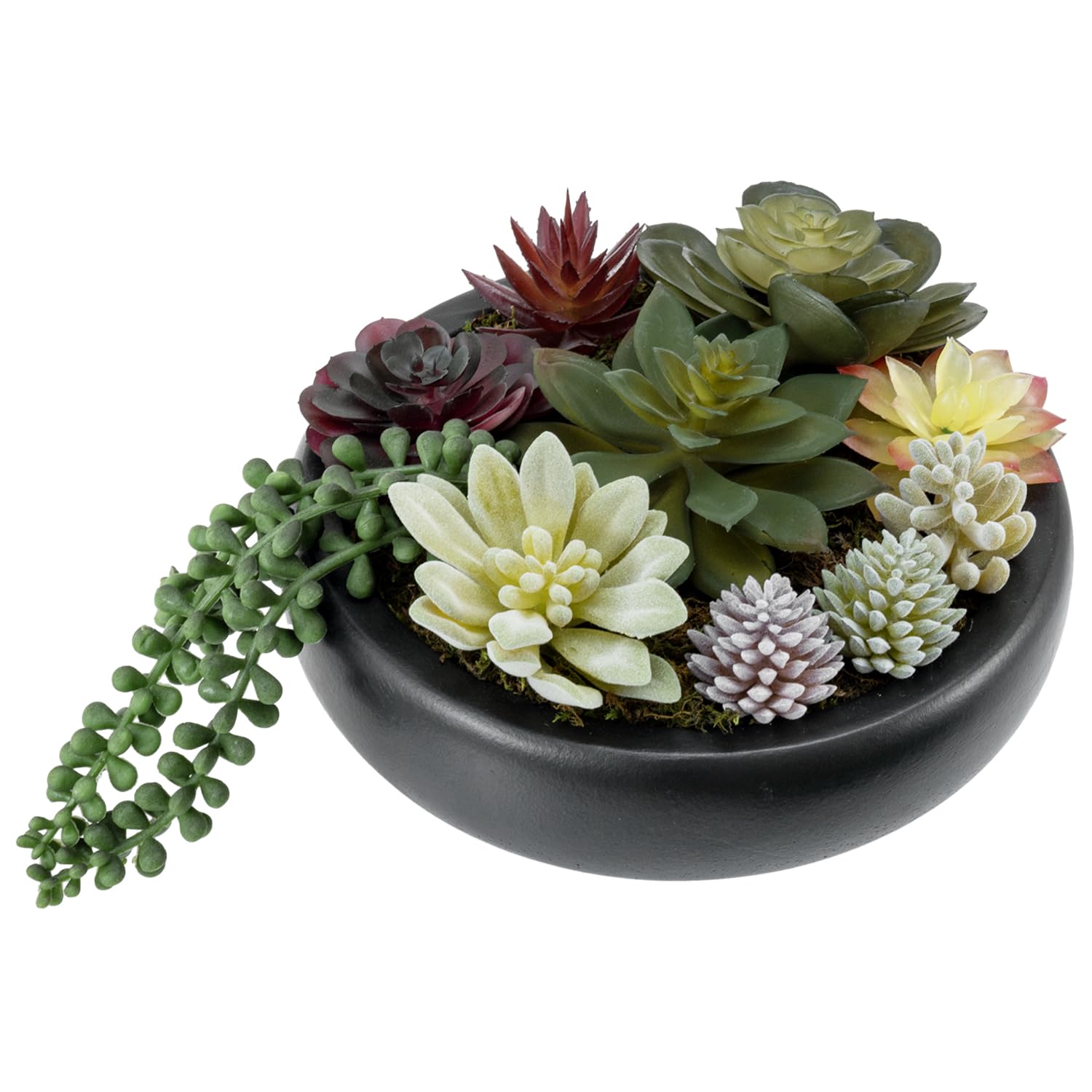MyGift 8 Inch Round Modern Artificial Succulent Arrangement Potted in Gray Concrete Plant Bowl, Assorted Faux Mini Succulents in a Decorative Planter Pot