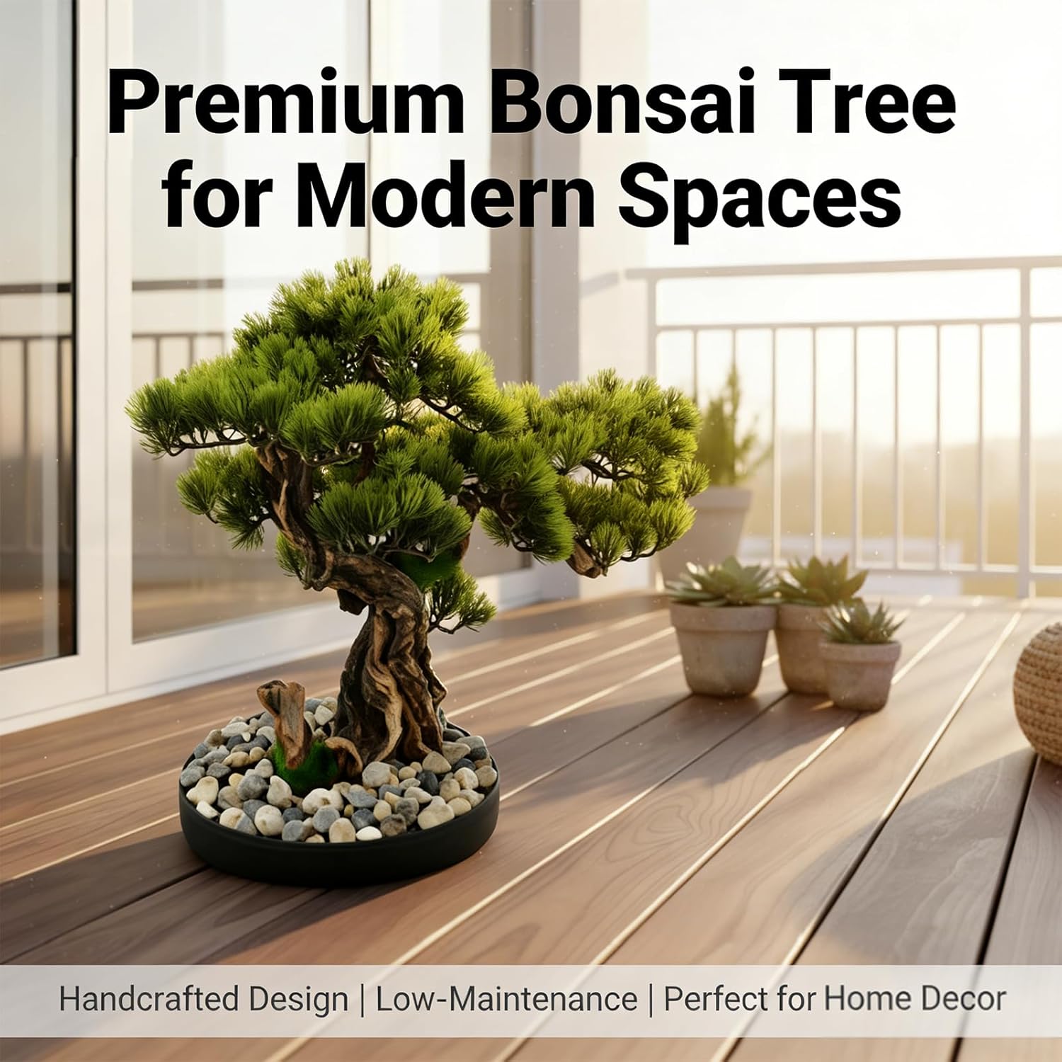 Realistic Artificial Bonsai Pine Tree, 25.6 * 17.7in Indoor Desktop Welcome Pine Bonsai, Potted Artificial House Plant with Iron Pot and Pebbles, for Home Bookshelf Office Desk Farmhouse Decor