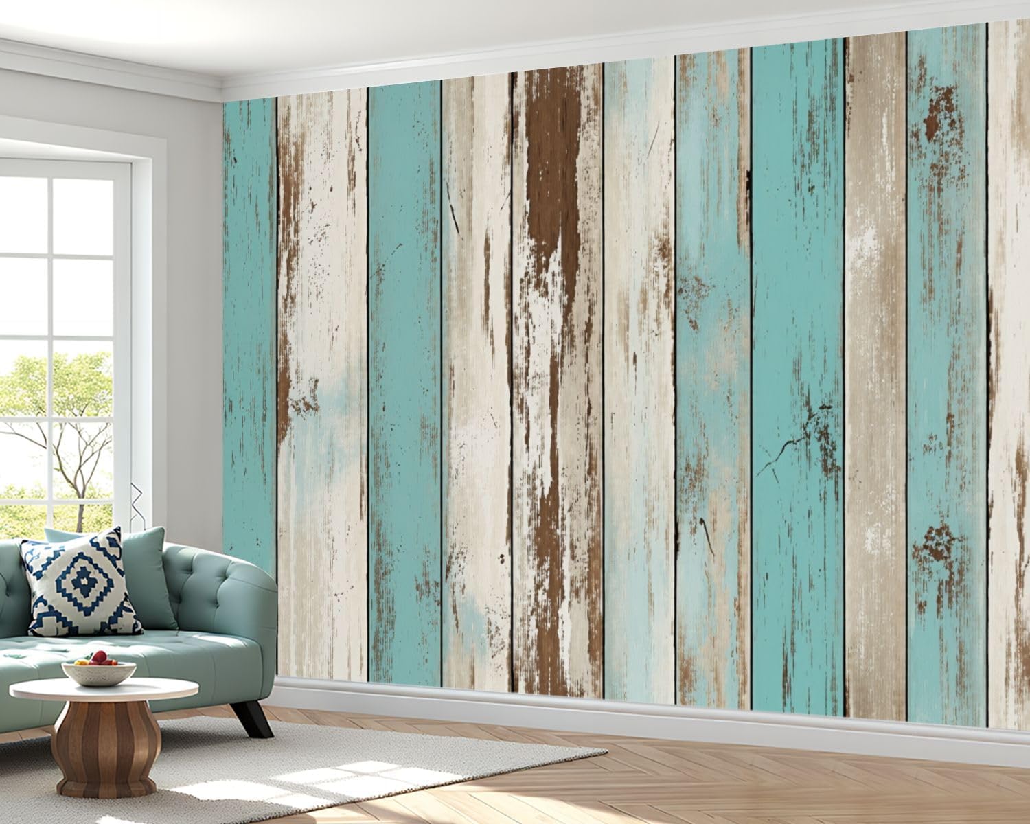 Peel and Stick Wallpaper 100'' x 144'' Self-Adhesive Wall Mural Distressed Wooden Planks Teal Brown White Colors Large Wall Sticker, Removable Decor for Bedroom Living Room, Office