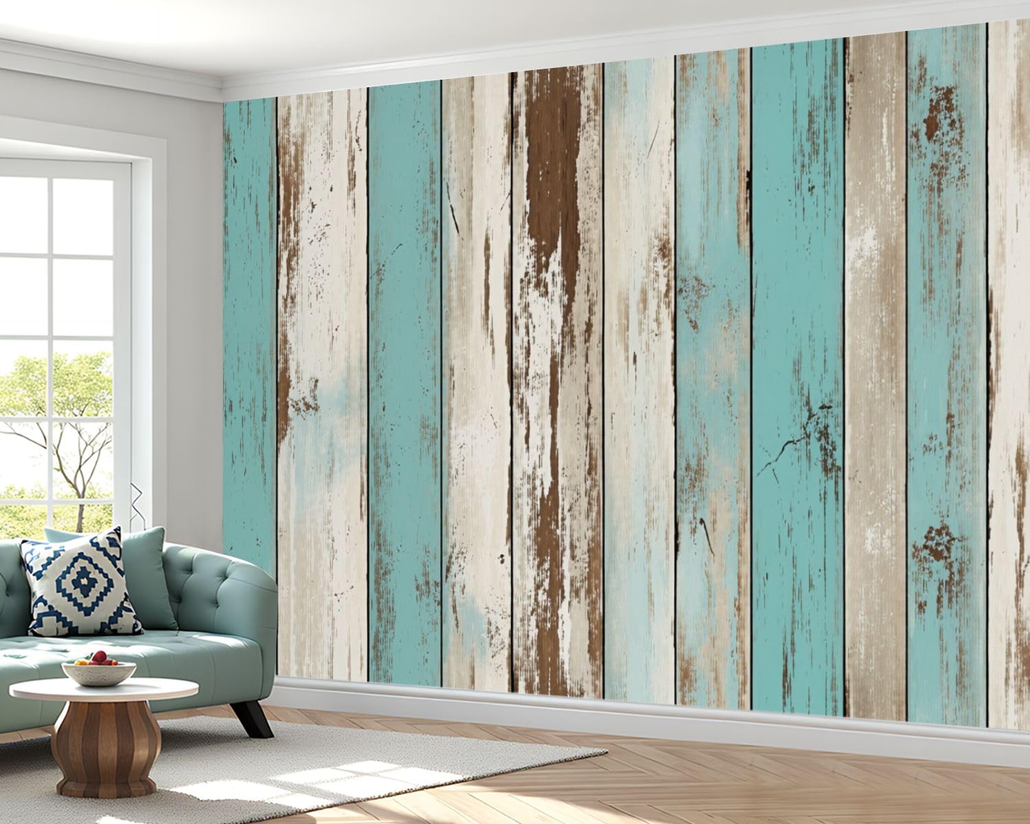 Peel and Stick Wallpaper 100'' x 144'' Self-Adhesive Wall Mural Distressed Wooden Planks Teal Brown White Colors Large Wall Sticker, Removable Decor for Bedroom Living Room, Office