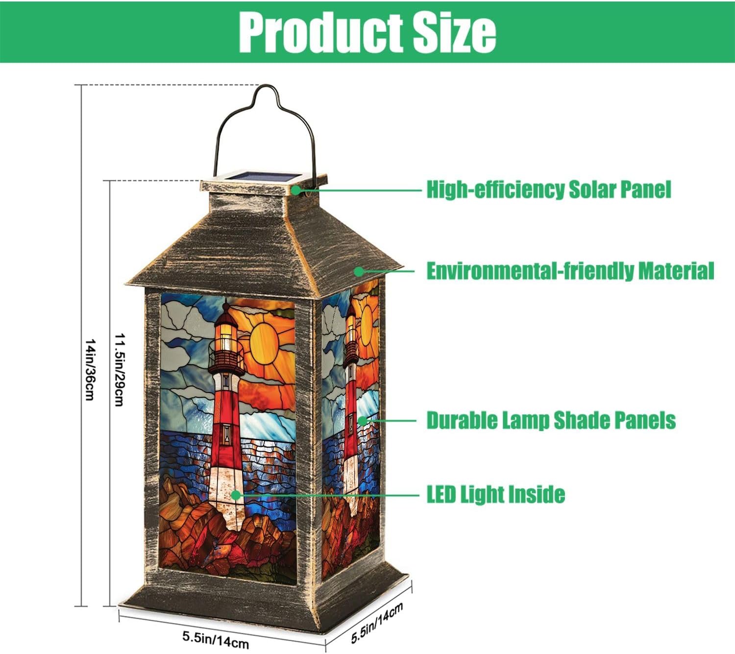 Solar Lantern Coastal Lighthouse Stained Glass Hanging Ornament Outdoor Garden Hanging Lantern Waterproof Solar Powered Lighting Outside Table Lamp for Patio Deck Yard Camping Nautical Decor