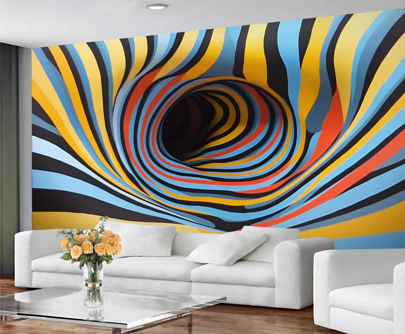 Colorful Distressed 3D Wood Grain Striped Wall Mural for Living Room & Bedroom, 197" x 118.2", Non-Adhesive