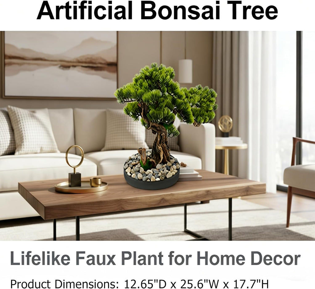 Realistic Artificial Bonsai Pine Tree, 25.6 * 17.7in Indoor Desktop Welcome Pine Bonsai, Potted Artificial House Plant with Iron Pot and Pebbles, for Home Bookshelf Office Desk Farmhouse Decor