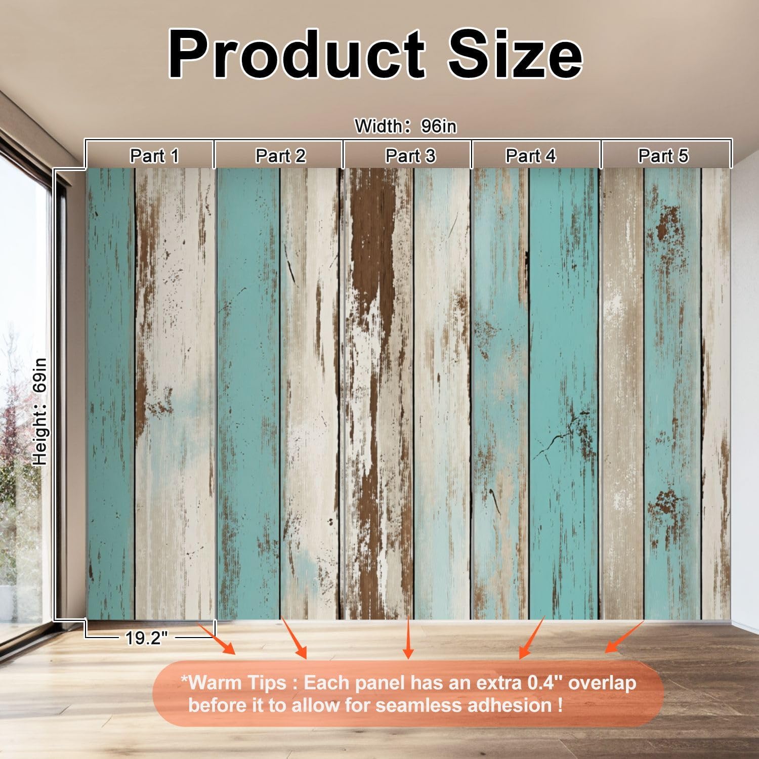 Wallpaper Peel and Stick 69'' x 96'' Self-Adhesive Wall Mural Distressed Wooden Planks Teal Brown White Colors Removable Wall Sticker Renter Friendly Decal for Kids Bedroom