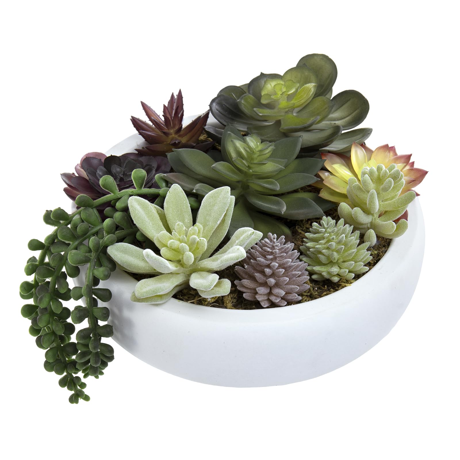 MyGift 8 Inch Round Modern Artificial Succulent Arrangement Potted in Gray Concrete Plant Bowl, Assorted Faux Mini Succulents in a Decorative Planter Pot