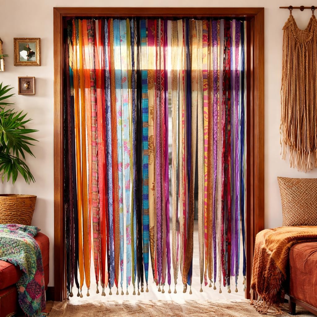 Handmade Boho Silk Sari Ribbon Hippie Curtain Doorway Divider, Recycled Saree Fabric Drape with Bells, Light-Filtering Multicolor Rod Pocket Curtain for Bedroom & Living Room Décor 85x45 Inch