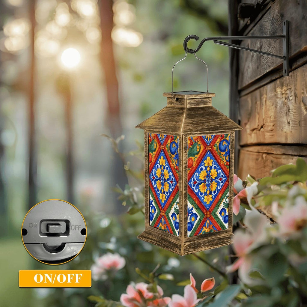 Solar Lantern Outdoor Waterproof Mexican Talavera Ceramic Tile Seamless Ethnic Folk Ornament Italian Garden Decor LED Hanging Solar Lights Tabletop Lamp Gifts for Women Mom Outside Yard Patio Porch