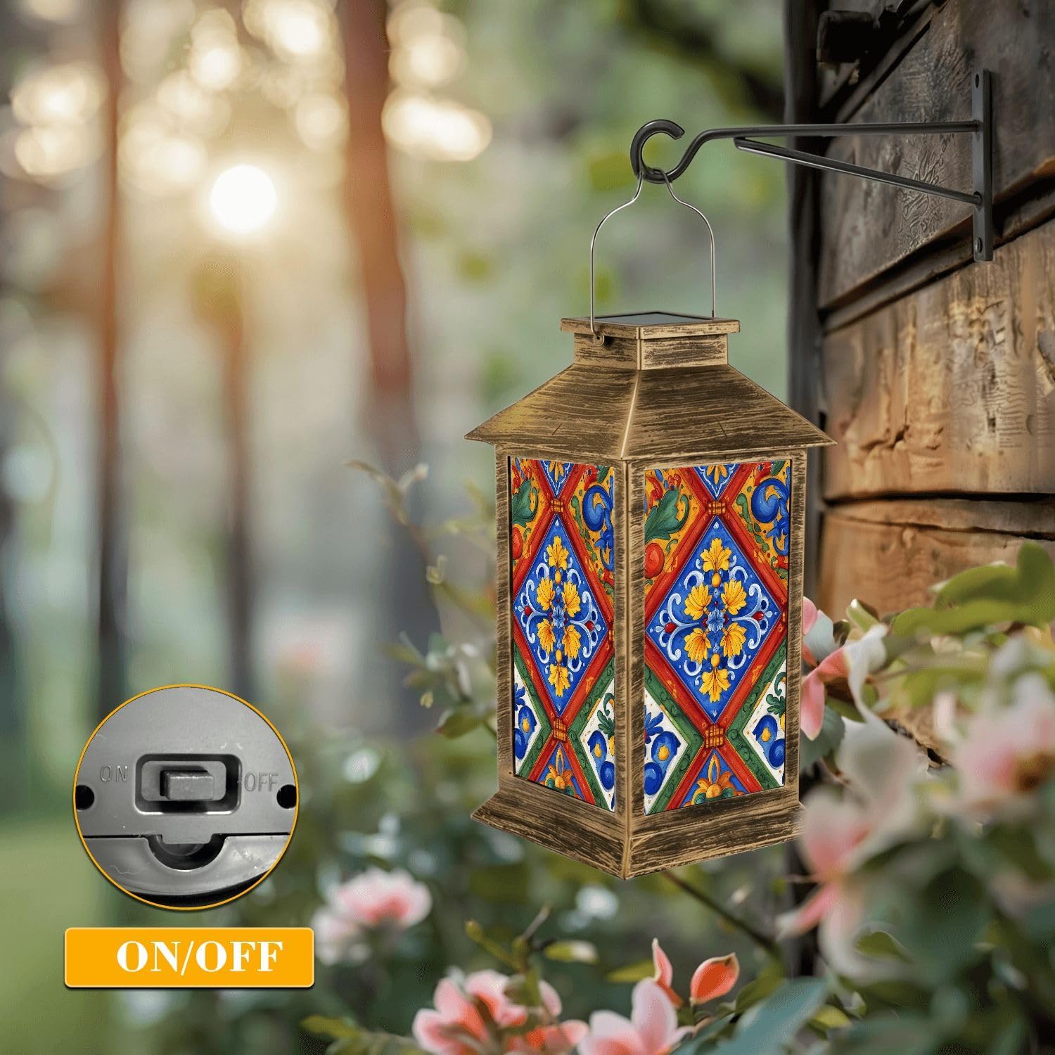 Solar Lantern Outdoor Waterproof Mexican Talavera Ceramic Tile Seamless Ethnic Folk Ornament Italian Garden Decor LED Hanging Solar Lights Tabletop Lamp Gifts for Women Mom Outside Yard Patio Porch