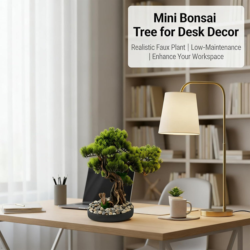 Realistic Artificial Bonsai Pine Tree, 25.6 * 17.7in Indoor Desktop Welcome Pine Bonsai, Potted Artificial House Plant with Iron Pot and Pebbles, for Home Bookshelf Office Desk Farmhouse Decor