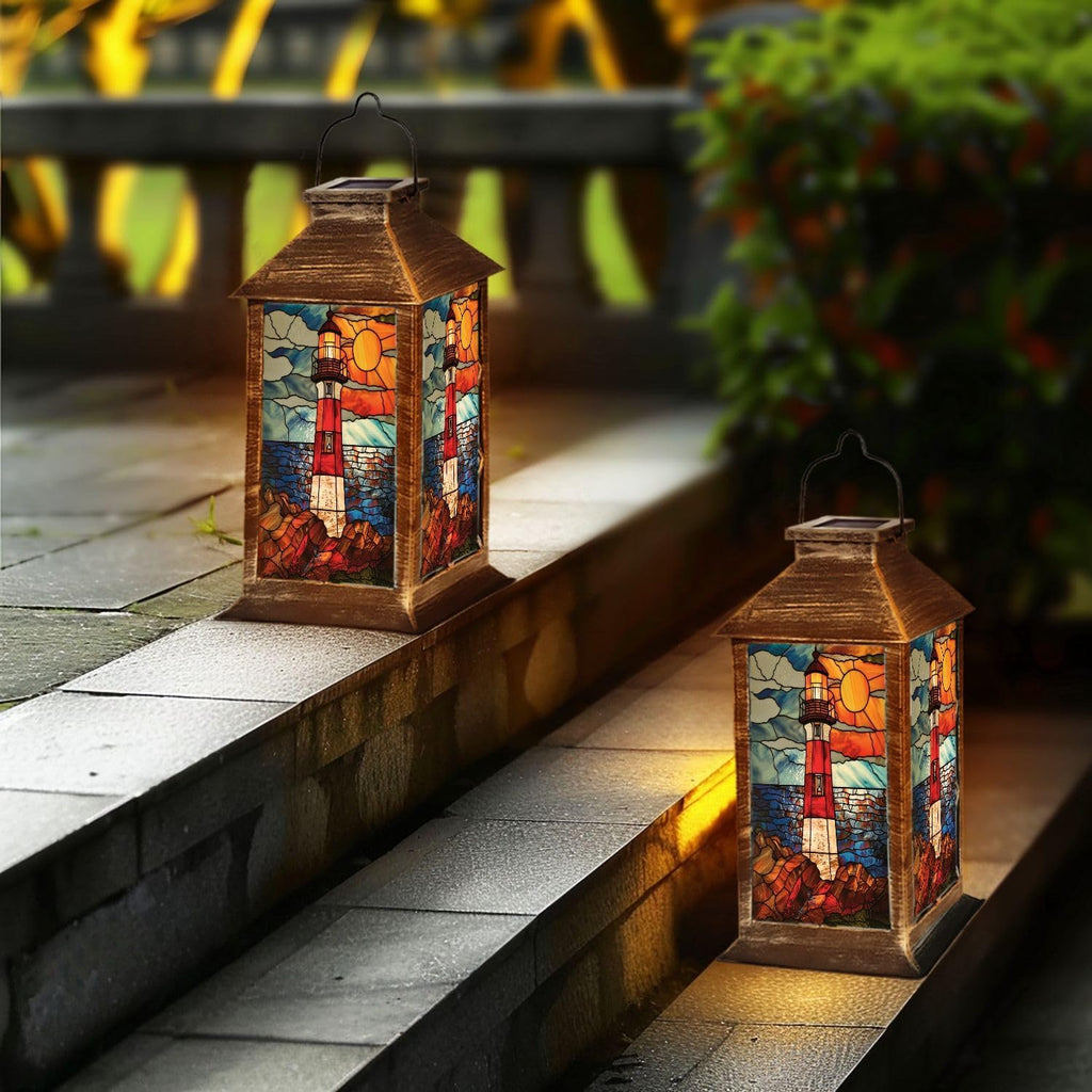 Solar Lantern Coastal Lighthouse Stained Glass Hanging Ornament Outdoor Garden Hanging Lantern Waterproof Solar Powered Lighting Outside Table Lamp for Patio Deck Yard Camping Nautical Decor
