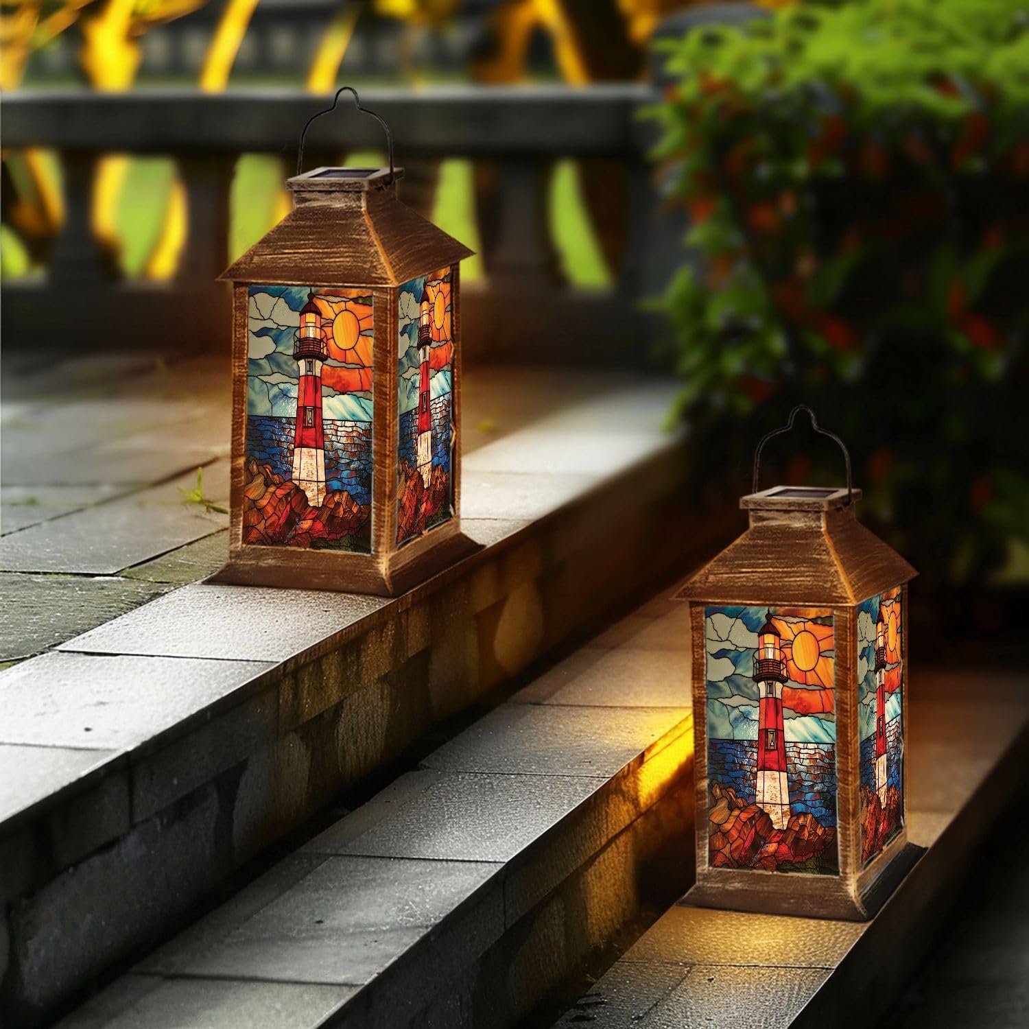 Solar Lantern Coastal Lighthouse Stained Glass Hanging Ornament Outdoor Garden Hanging Lantern Waterproof Solar Powered Lighting Outside Table Lamp for Patio Deck Yard Camping Nautical Decor