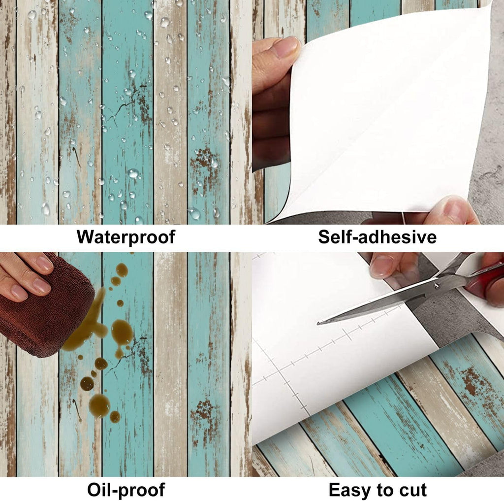 Wallpaper Peel and Stick 69'' x 96'' Self-Adhesive Wall Mural Distressed Wooden Planks Teal Brown White Colors Removable Wall Sticker Renter Friendly Decal for Kids Bedroom