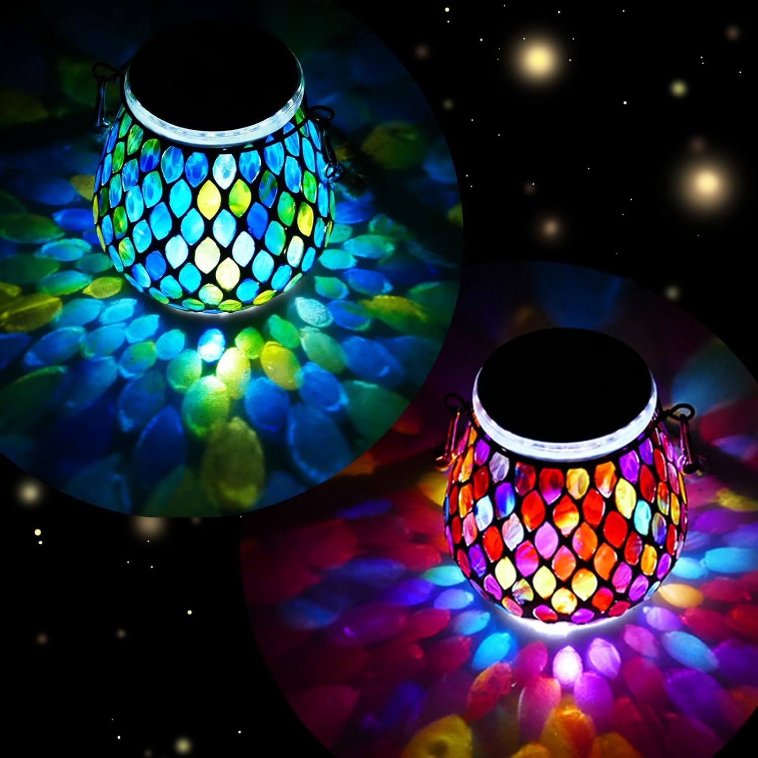 2 Pack Mosaic Blue & Red Solar Lanterns, Outdoor Glass Hanging Lights, Waterproof, Solar Table Lamps, Christmas Gifts for Women Mom Grandma, Night Lights, Decoration for Garden, Patio, Outdoor Decor