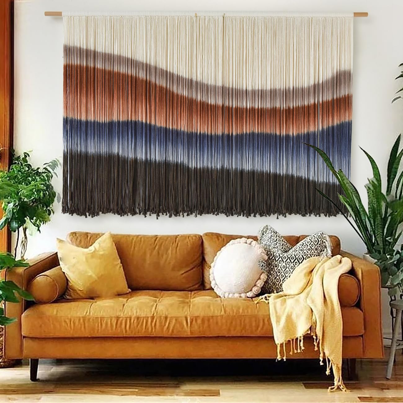 Macrame Wall Hanging Boho Chic Wall Art Macrame Wall Decor Fiber Yarn Tapestry Dip-Dye Living Room Home Bedroom Wall Decor 57" Wx 35" L
