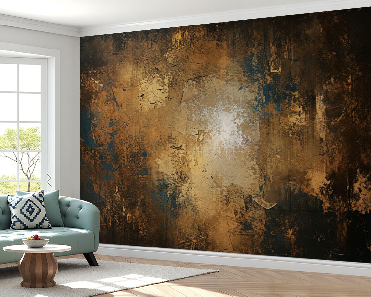 Peel and Stick Wallpaper 100'' x 144'' Self-Adhesive Wall Mural Distressed Wooden Planks Teal Brown White Colors Large Wall Sticker, Removable Decor for Bedroom Living Room, Office