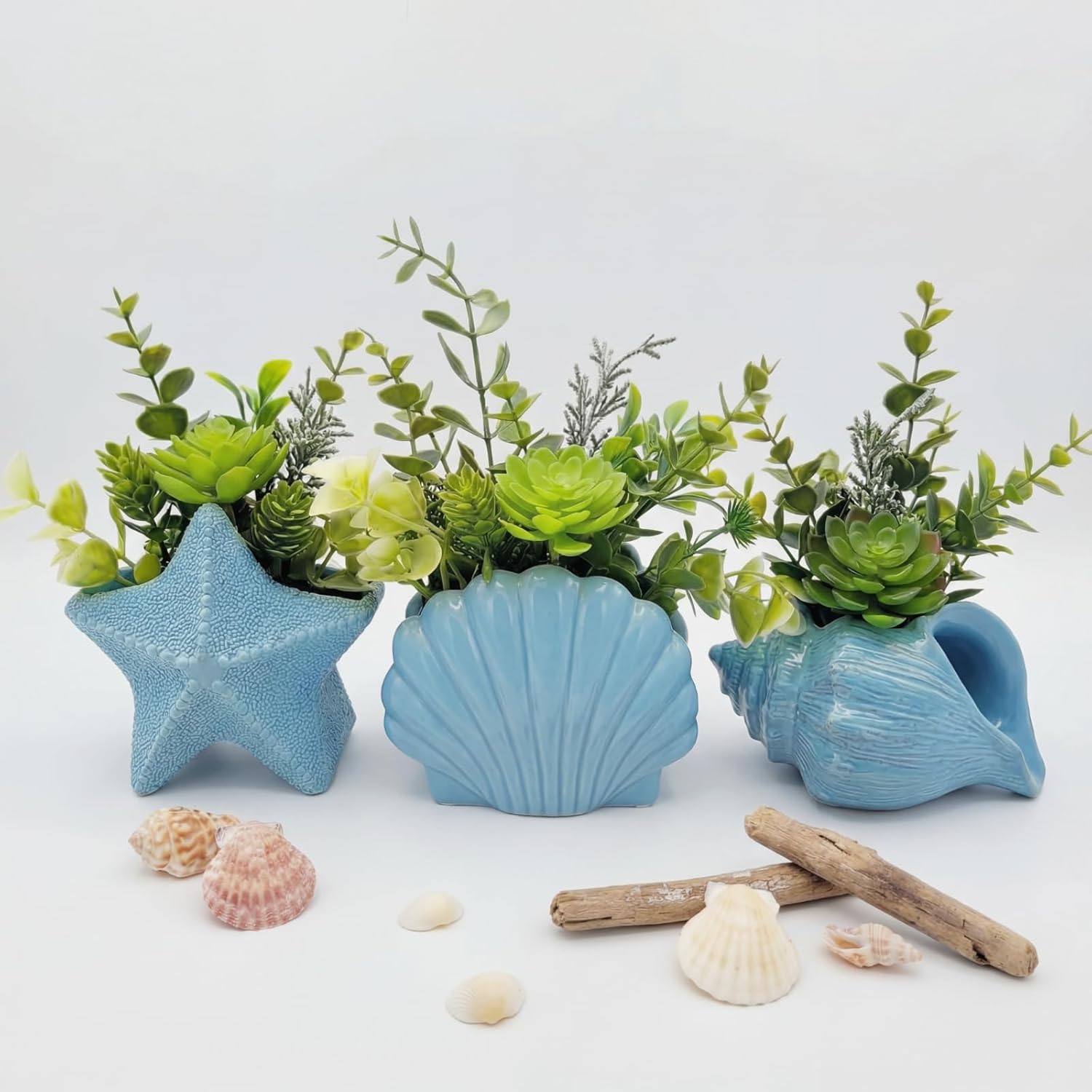 Zhehao 3 Set Coastal Artificial Plants Set Assorted Faux Succulents Artificial Plants with Pots Coastal Beach Decor for Home Bedroom Beach Theme Party Favors (Sea Shell Starfish Conch)