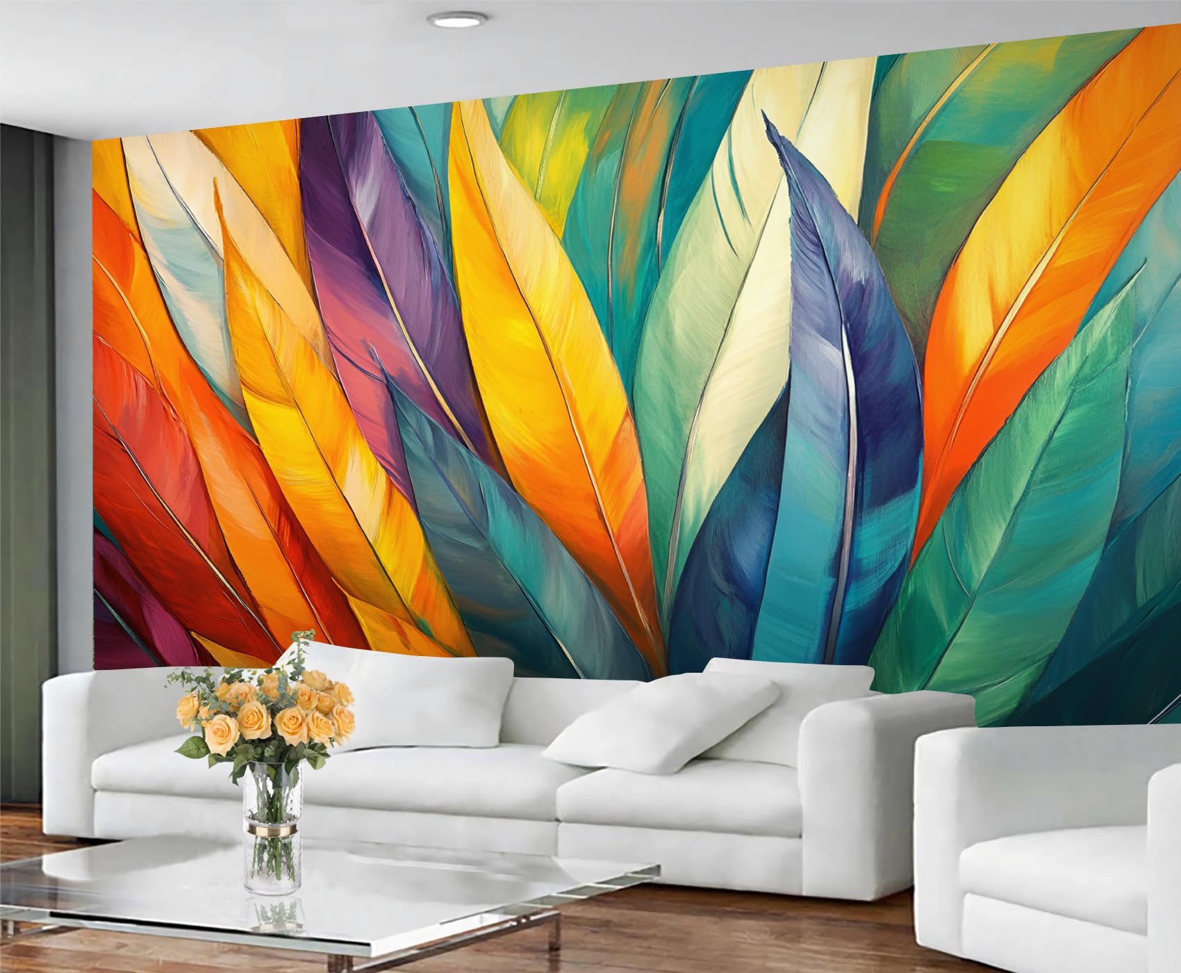 Colorful Distressed 3D Wood Grain Striped Wall Mural for Living Room & Bedroom, 197" x 118.2", Non-Adhesive