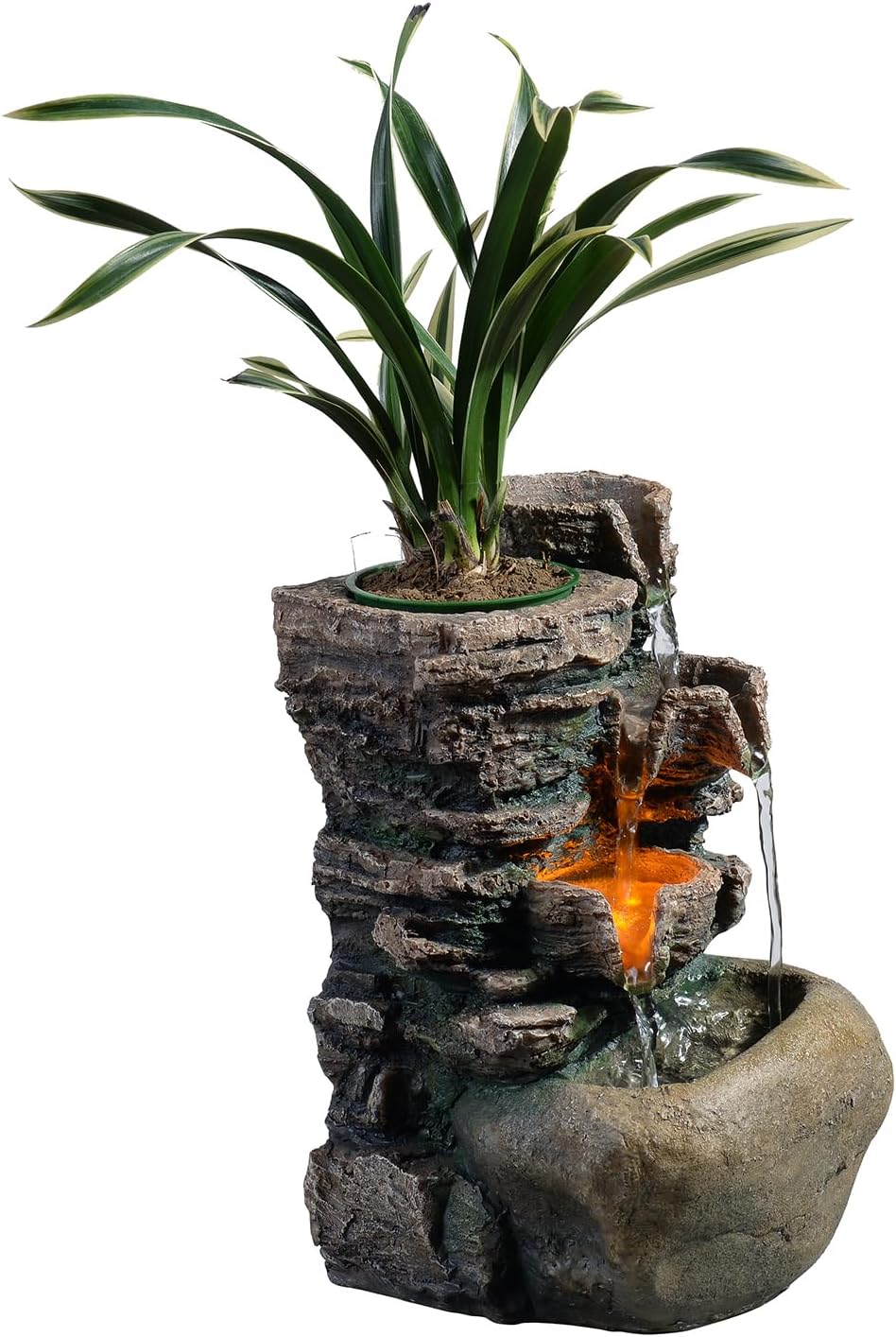 Haobos Indoor Fountain 4-Bowl Rockery Soothing Sound Tabletop Fountains Home/Office Decor with a Small Plastic Pot to Grow The Plant by Yourself(Automatic Watering)
